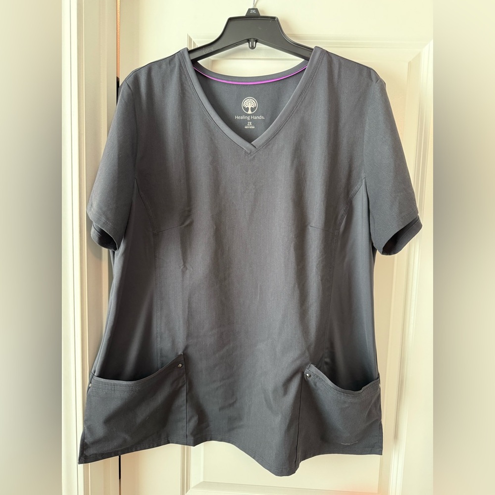 Healing Hands Charcoal V-Neck Top with Purple Accent